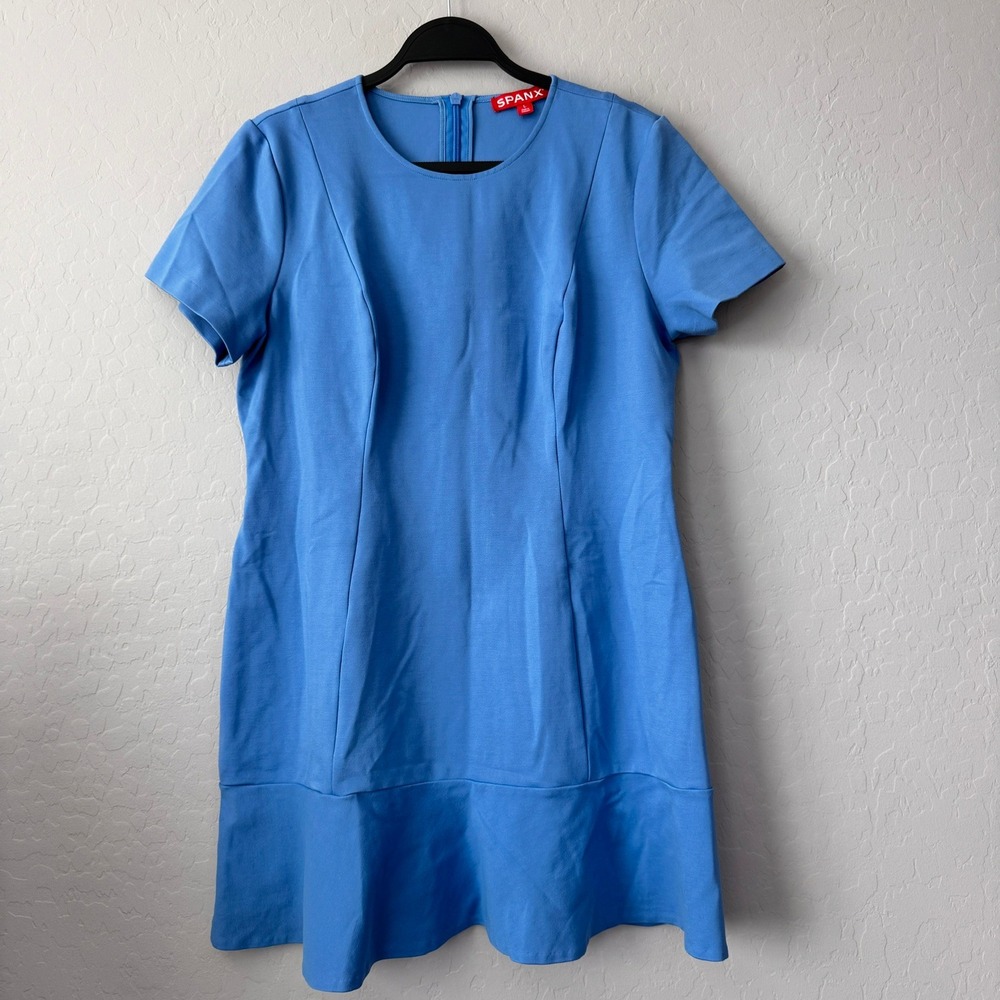 Spanx Large Ponte Flare Mini Dress Blue Short Sleeve Flounce Hem 22289R